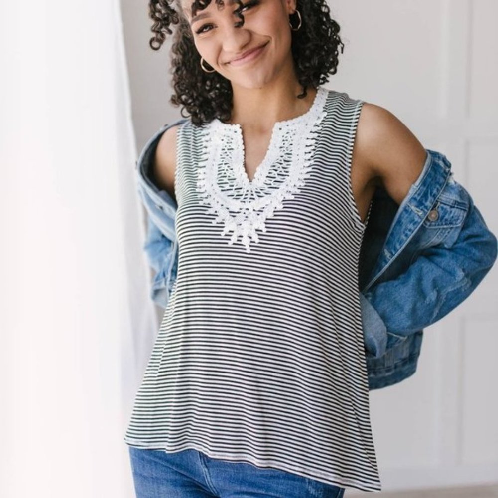 Plus/Reg  White Birch Lace & Stripes Tank Top
